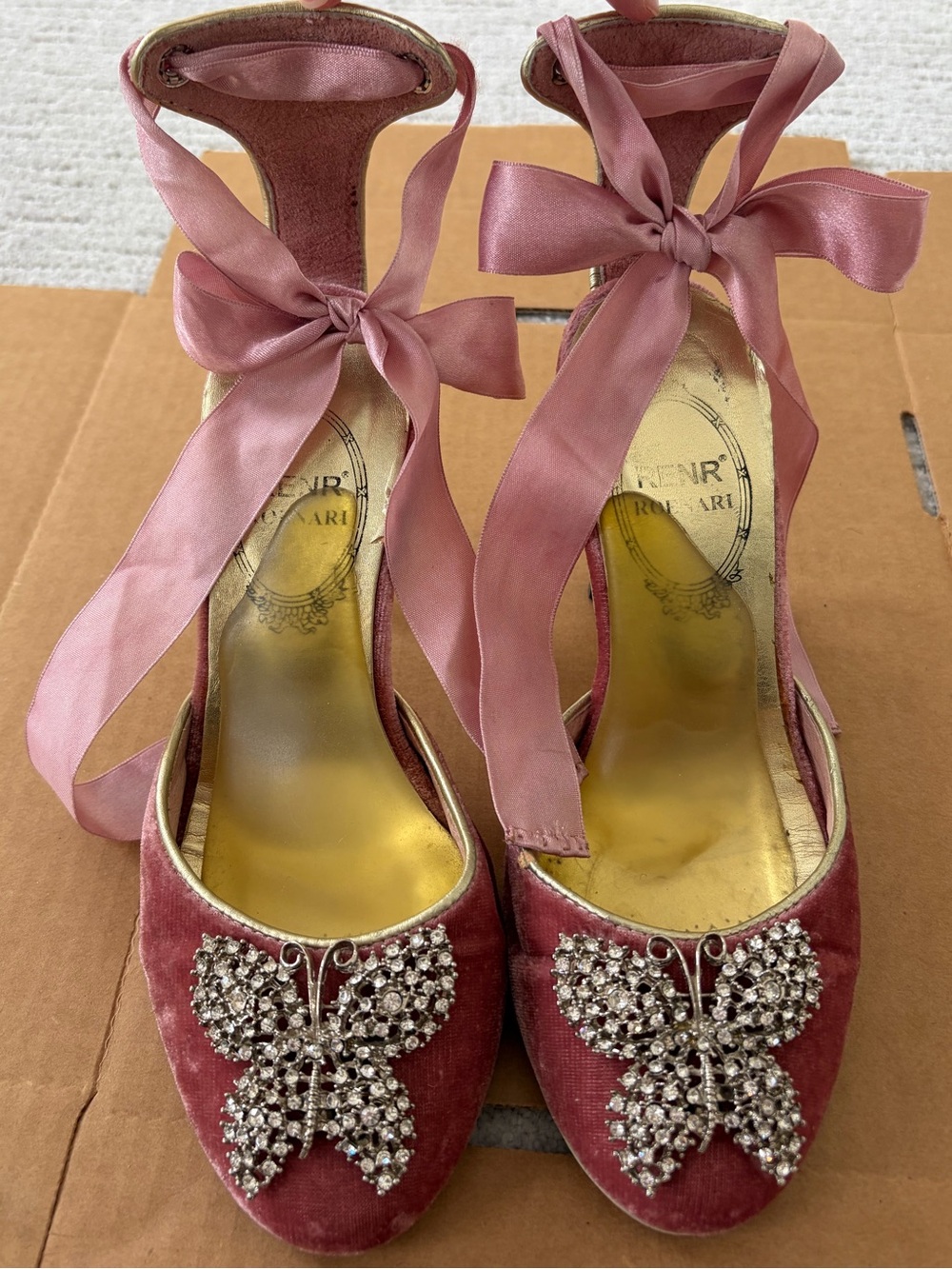 Women's Pink Velvet Ankle-Tie Heels with Crystal Butterfly Size 36